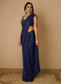 Net Contemporary Saree in Navy Blue Enhanced with Cord - 3