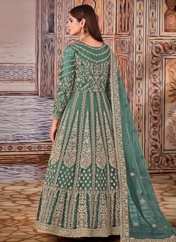 Net Designer Anarkali Salwar Kameez in Sea Green Enhanced with Embroidered