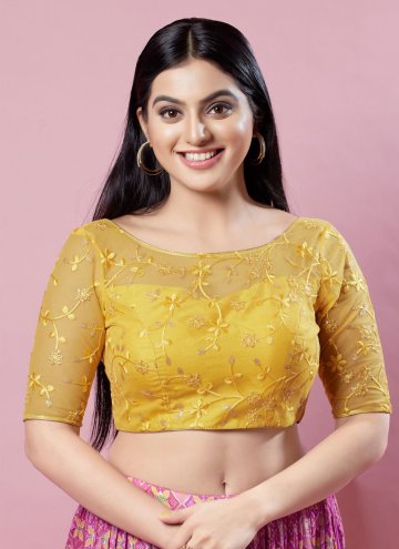 Net Designer Blouse in Yellow Enhanced with Embroi