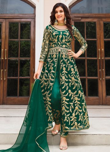 Net Designer Salwar Kameez in Green Enhanced with 