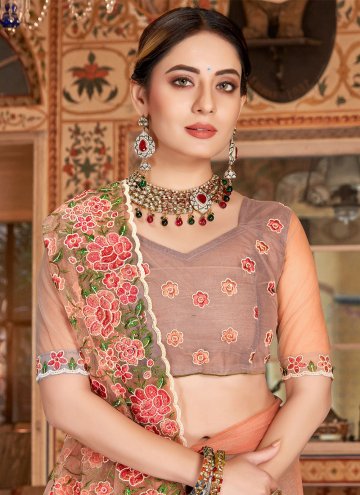 Net Designer Saree in Peach Enhanced with Embroidered