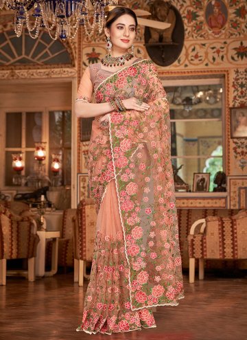 Net Designer Saree in Peach Enhanced with Embroide