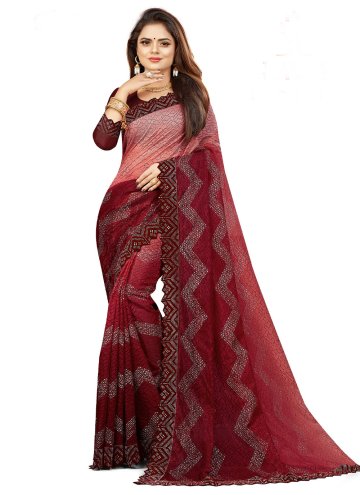 Net Designer Saree in Red Enhanced with Border