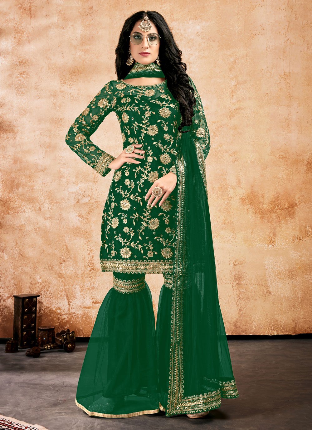 Net Designer Suit in Green Enhanced with Embroidered