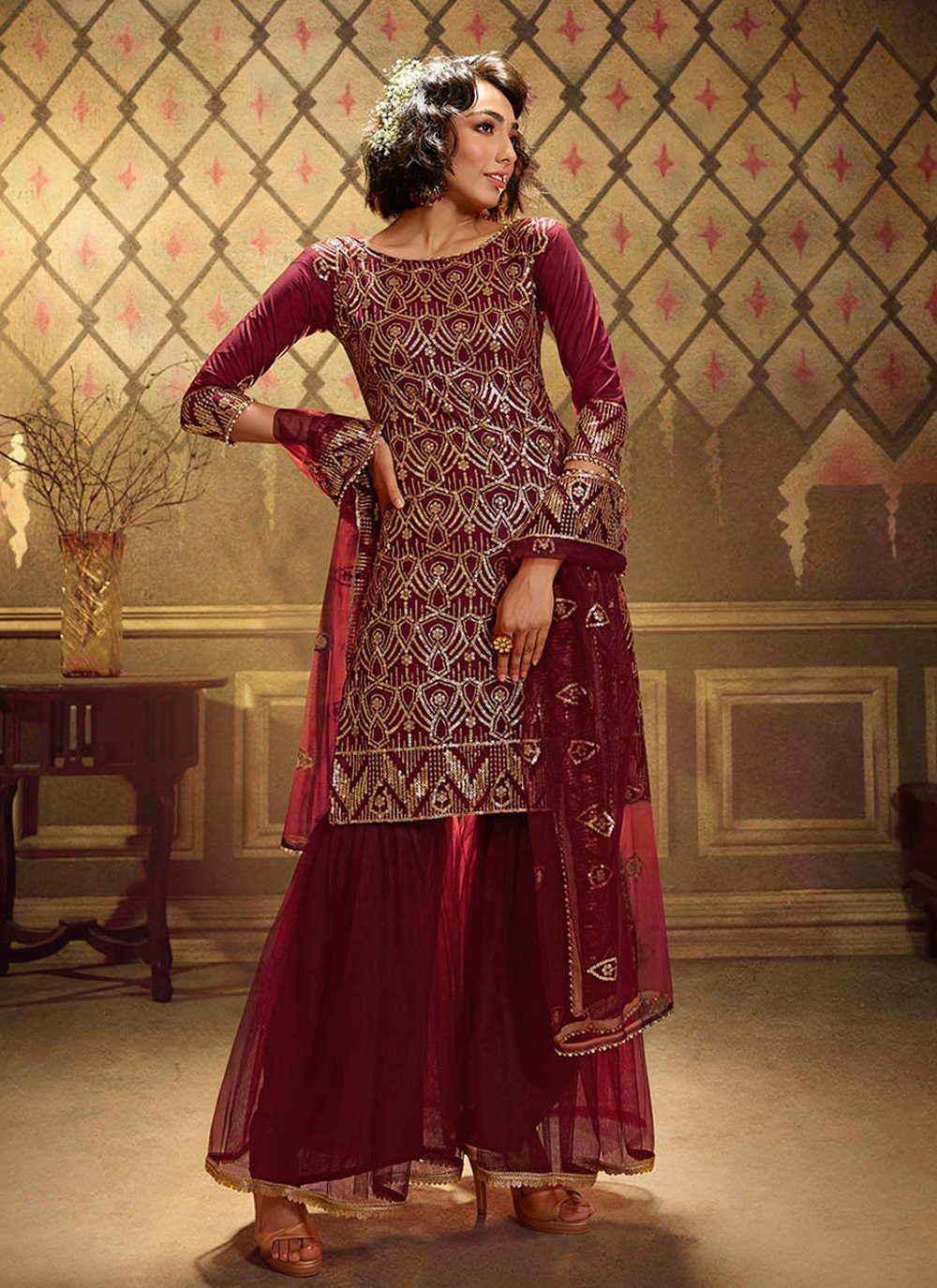 Net Palazzo Suit in Maroon Enhanced with Sequins Work