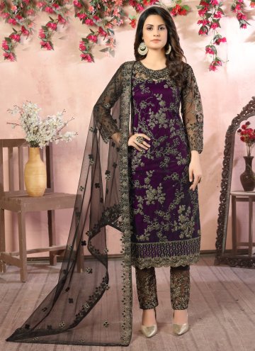 Net Pant Style Suit in Black and Purple Enhanced with Embroidered