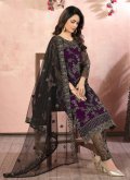 Net Pant Style Suit in Black and Purple Enhanced with Embroidered - 2