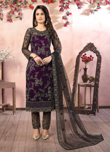 Net Pant Style Suit in Black and Purple Enhanced with Embroidered
