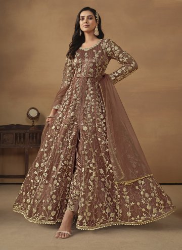 Net Pant Style Suit in Brown Enhanced with Embroid