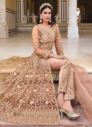 Net Pant Style Suit in Peach Enhanced with Embroidered