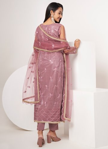 Net Pant Style Suit in Pink Enhanced with Embroidered