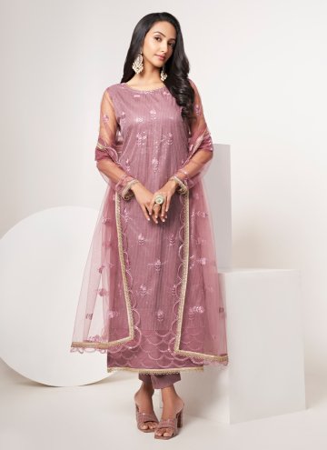 Net Pant Style Suit in Pink Enhanced with Embroide