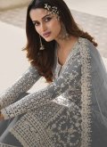 Net Salwar Suit in Grey Enhanced with Embroidered - 1