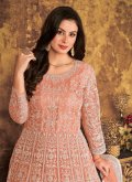 Net Salwar Suit in Peach Enhanced with Cord - 3