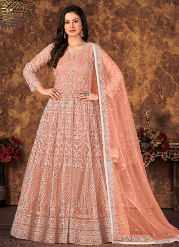 Net Salwar Suit in Peach Enhanced with Cord