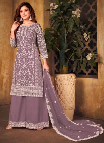 Net Salwar Suit in Purple Enhanced with Cord