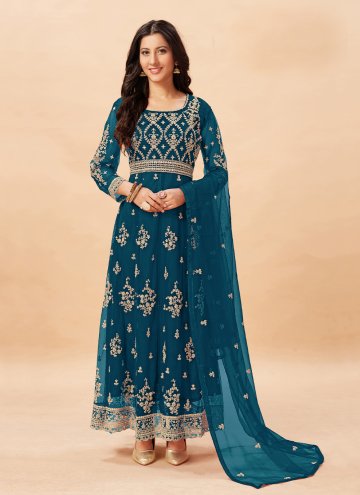 Net Salwar Suit in Teal Enhanced with Embroidered