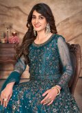 Net Salwar Suit in Teal Enhanced with Embroidered - 1