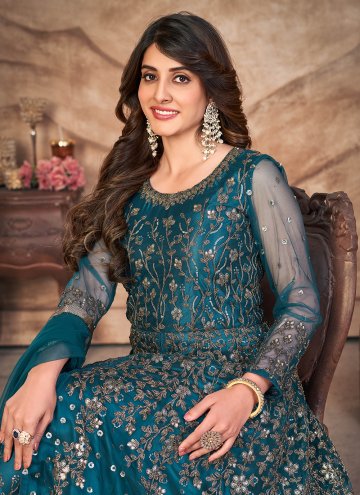 Net Salwar Suit in Teal Enhanced with Embroidered