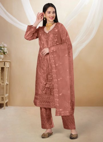 Net Trendy Salwar Kameez in Brown Enhanced with Cutwork