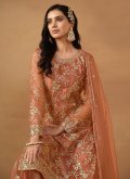 Net Trendy Salwar Kameez in Brown Enhanced with Embroidered - 1