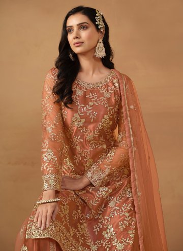 Net Trendy Salwar Kameez in Brown Enhanced with Embroidered