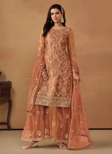Net Trendy Salwar Kameez in Brown Enhanced with Embroidered