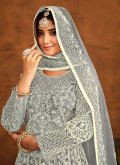 Net Trendy Salwar Kameez in Grey Enhanced with Embroidered - 1