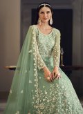 Net Trendy Salwar Kameez in Sea Green Enhanced with Embroidered - 1