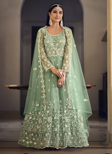 Net Trendy Salwar Kameez in Sea Green Enhanced with Embroidered