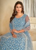 Net Trendy Salwar Suit in Blue Enhanced with Embroidered - 1