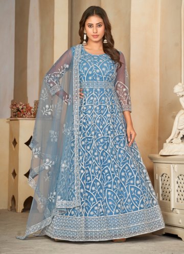 Net Trendy Salwar Suit in Blue Enhanced with Embroidered