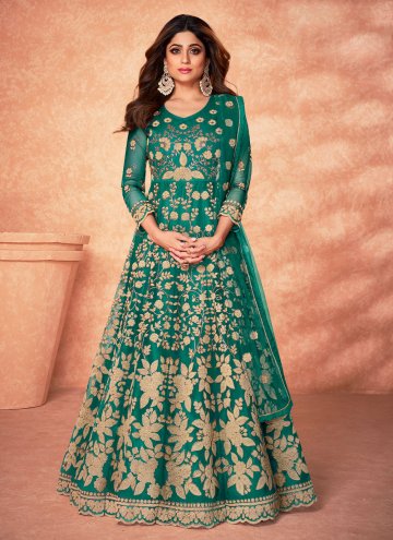 Net Trendy Salwar Suit in Green Enhanced with Diamond Work