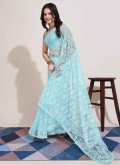 Net Trendy Saree in Aqua Blue Enhanced with Embroidered - 1