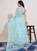Net Trendy Saree in Aqua Blue Enhanced with Embroidered - 2