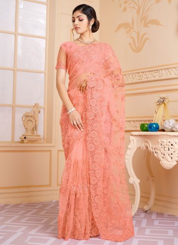 Net Trendy Saree in Peach Enhanced with Embroidere