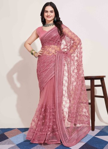 Net Trendy Saree in Peach Enhanced with Embroidered