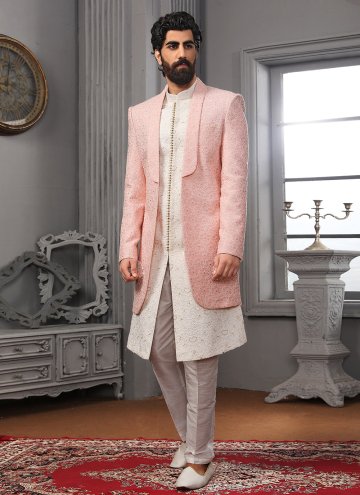 Off White and Pink color Lucknowi Jacket Style with Embroidered