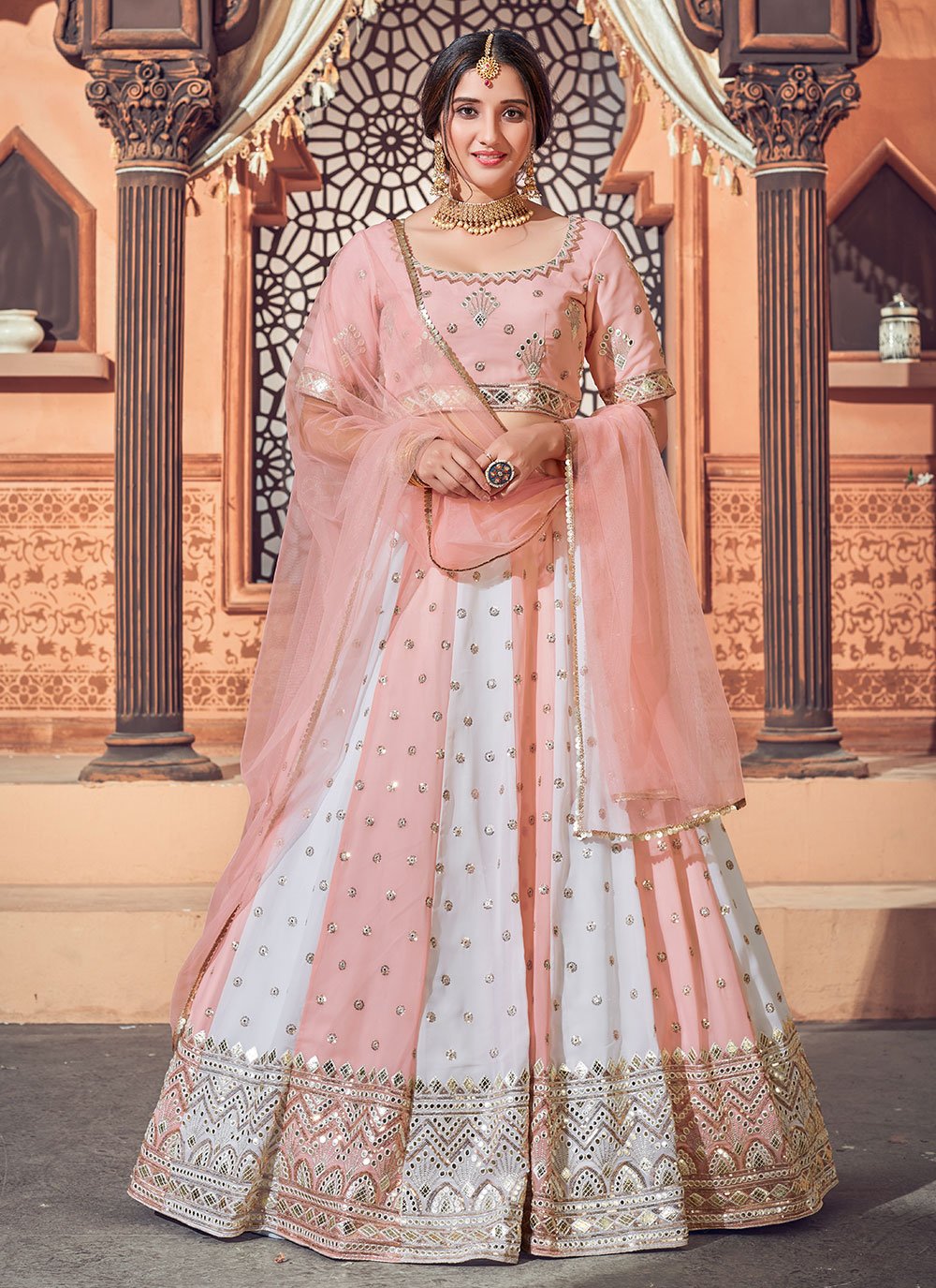 Off White and Pink Lehenga Choli in Faux Georgette with Embroidered