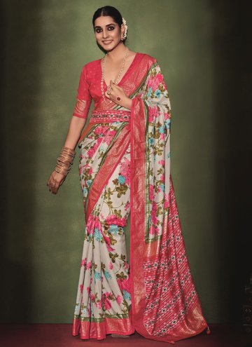 Off White and Pink Tussar Silk Printed Classic Designer Saree