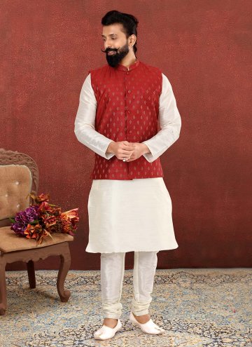 Off White and Red color Jacquard Work Cotton  Kurta Payjama With Jacket