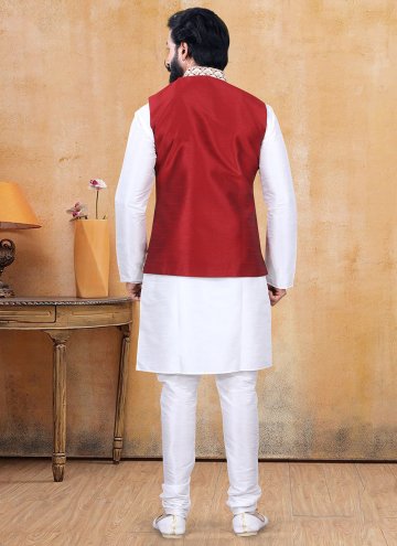 Off White and Red Kurta Payjama With Jacket in Silk with Fancy work