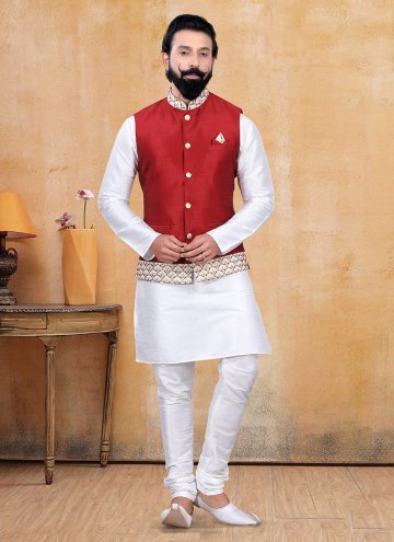 Off White and Red Kurta Payjama With Jacket in Silk with Fancy work