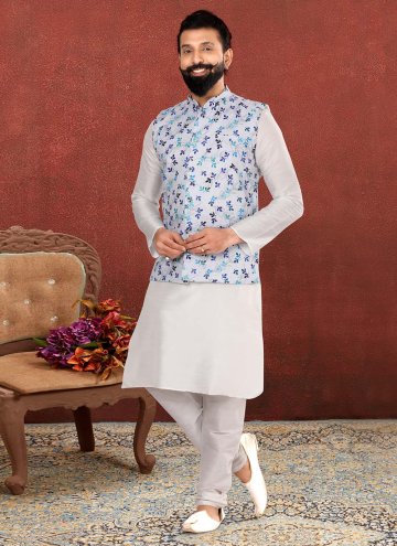 Off White and Silver Cotton  Printed Kurta Payjama With Jacket for Engagement