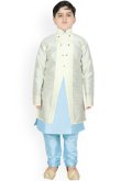 Off White and Turquoise Art Dupion Silk Fancy work Jacket Style - 1