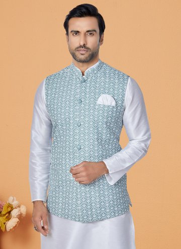 Off White and Turquoise color Banarasi Kurta Payjama With Jacket with Fancy work
