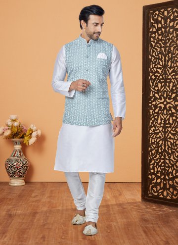Off White and Turquoise color Banarasi Kurta Payja