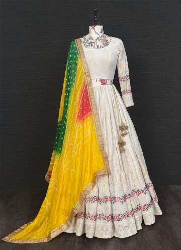 Off White and Yellow A Line Lehenga Choli in Georgette with Embroidered
