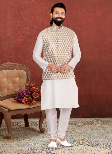 Off White color Art Dupion Silk Kurta Payjama With Jacket with Embroidered