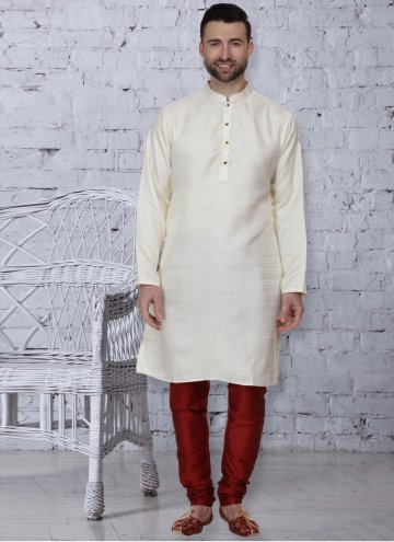 Off White color Embroidered Bhagalpuri Silk Kurta Pyjama